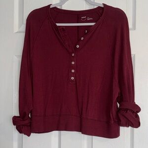 aerie Maroon Button-Front Henley Sweatshirt